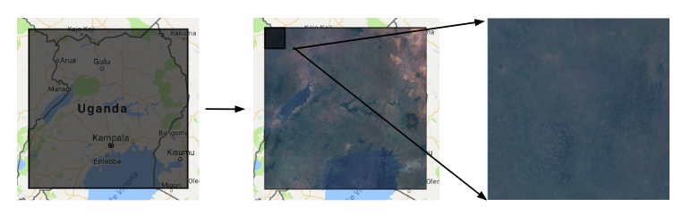 Image showing Uganda on map, satellite imagery of same area, and
 then a closeup on the top left part of the grid